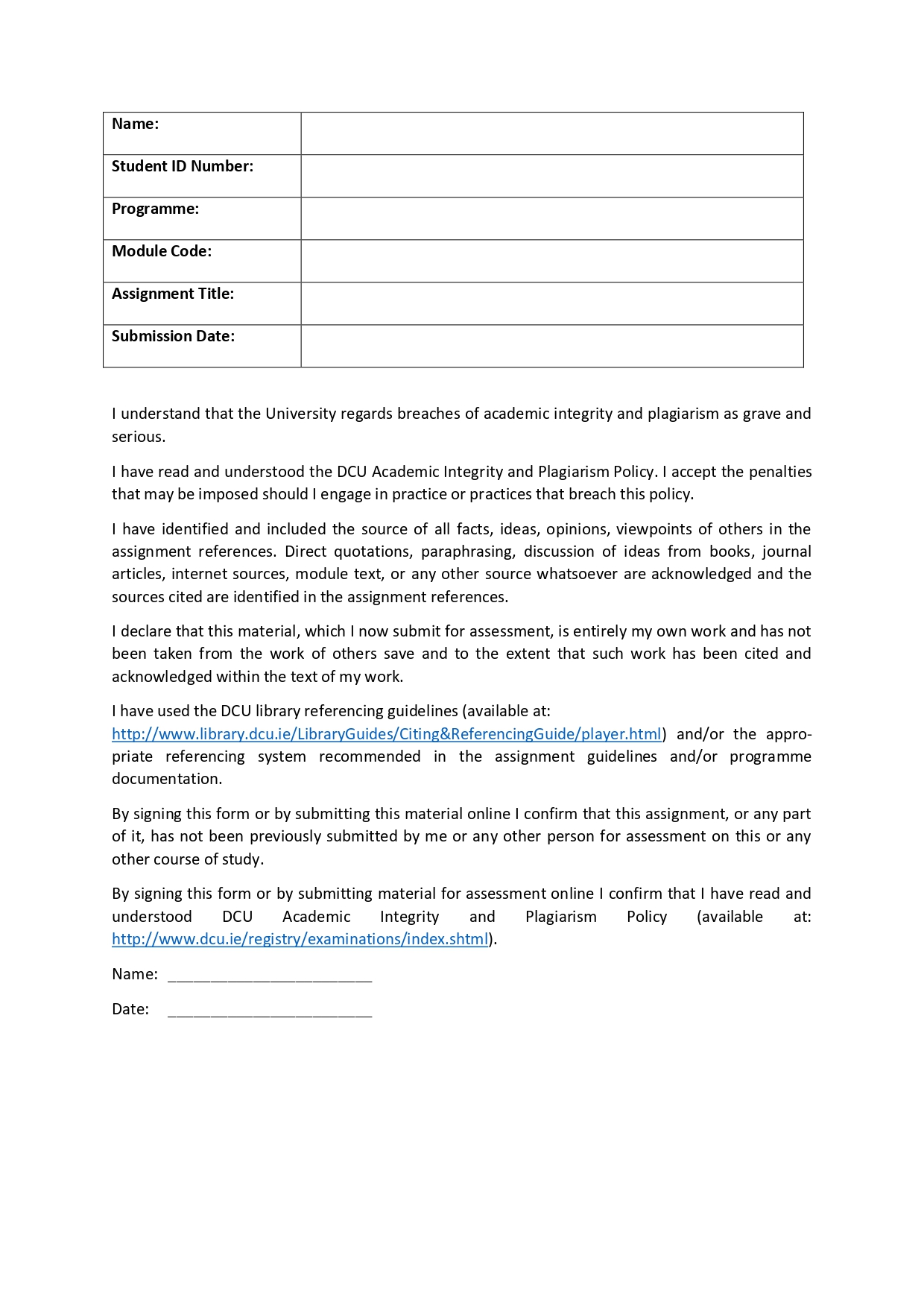 DCU Assignment Cover Sheet Help Ireland