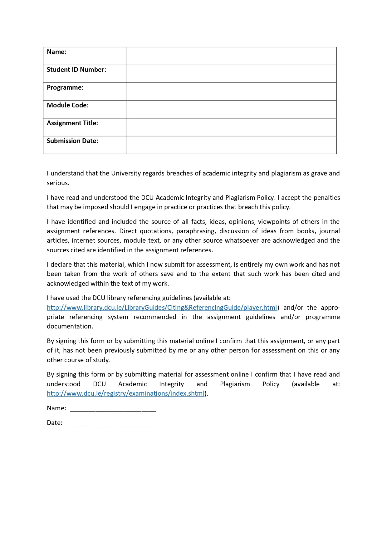DCU Assignment Cover Sheet Help Ireland
