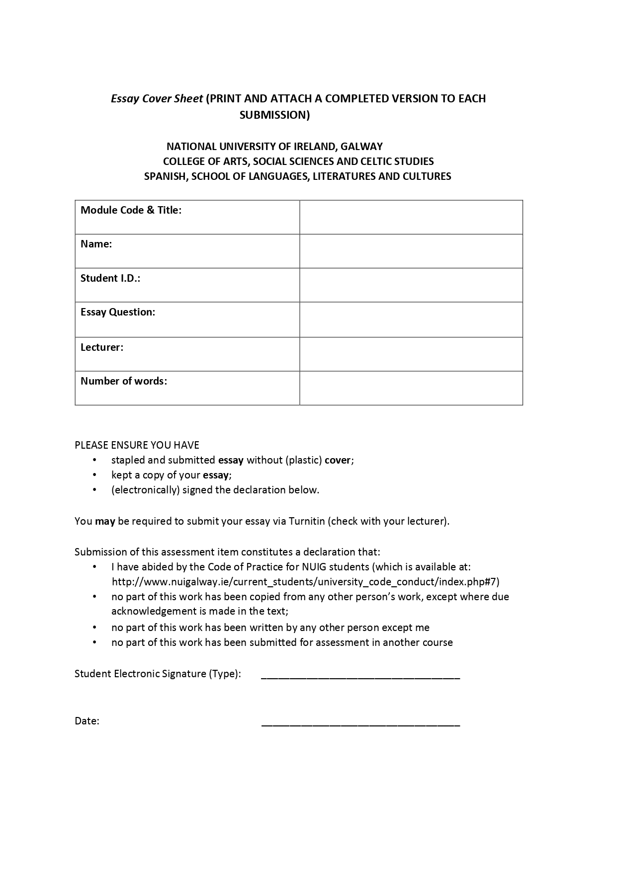 Guide to Create A Perfect Essay Cover Page for NUIG