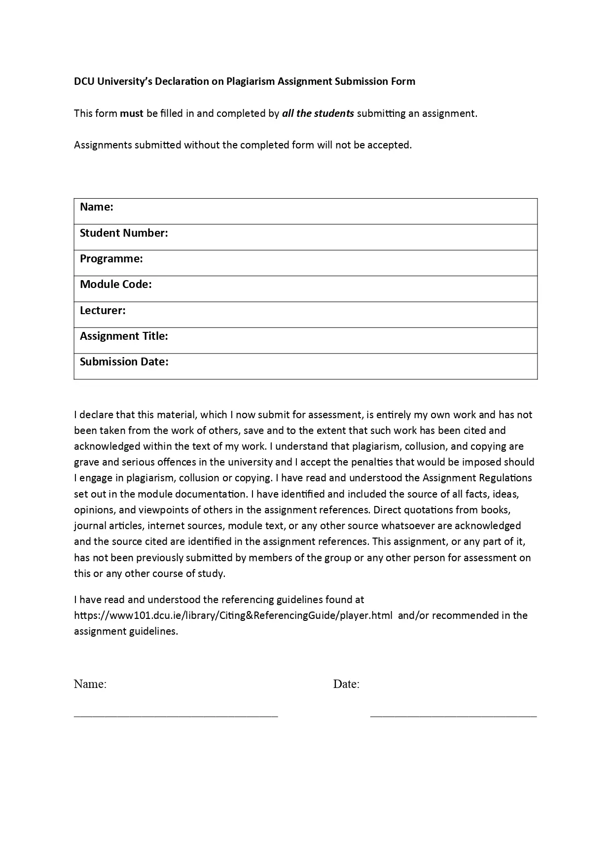 DCU Assignment Cover Sheet Help Ireland